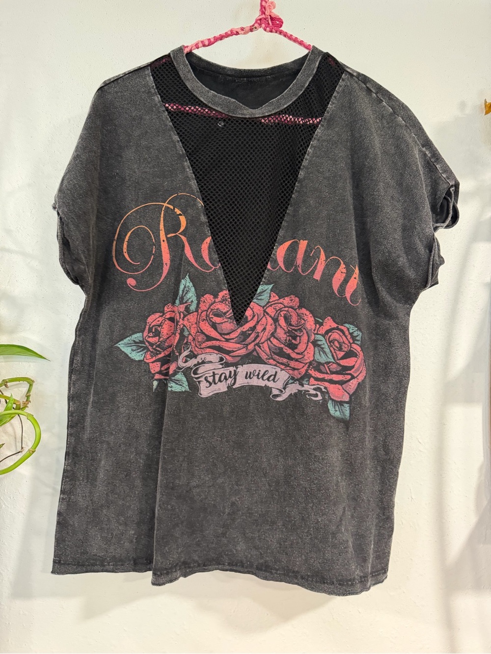 SHEIN Black Short Sleeve Tee with Pink Rose Graphic